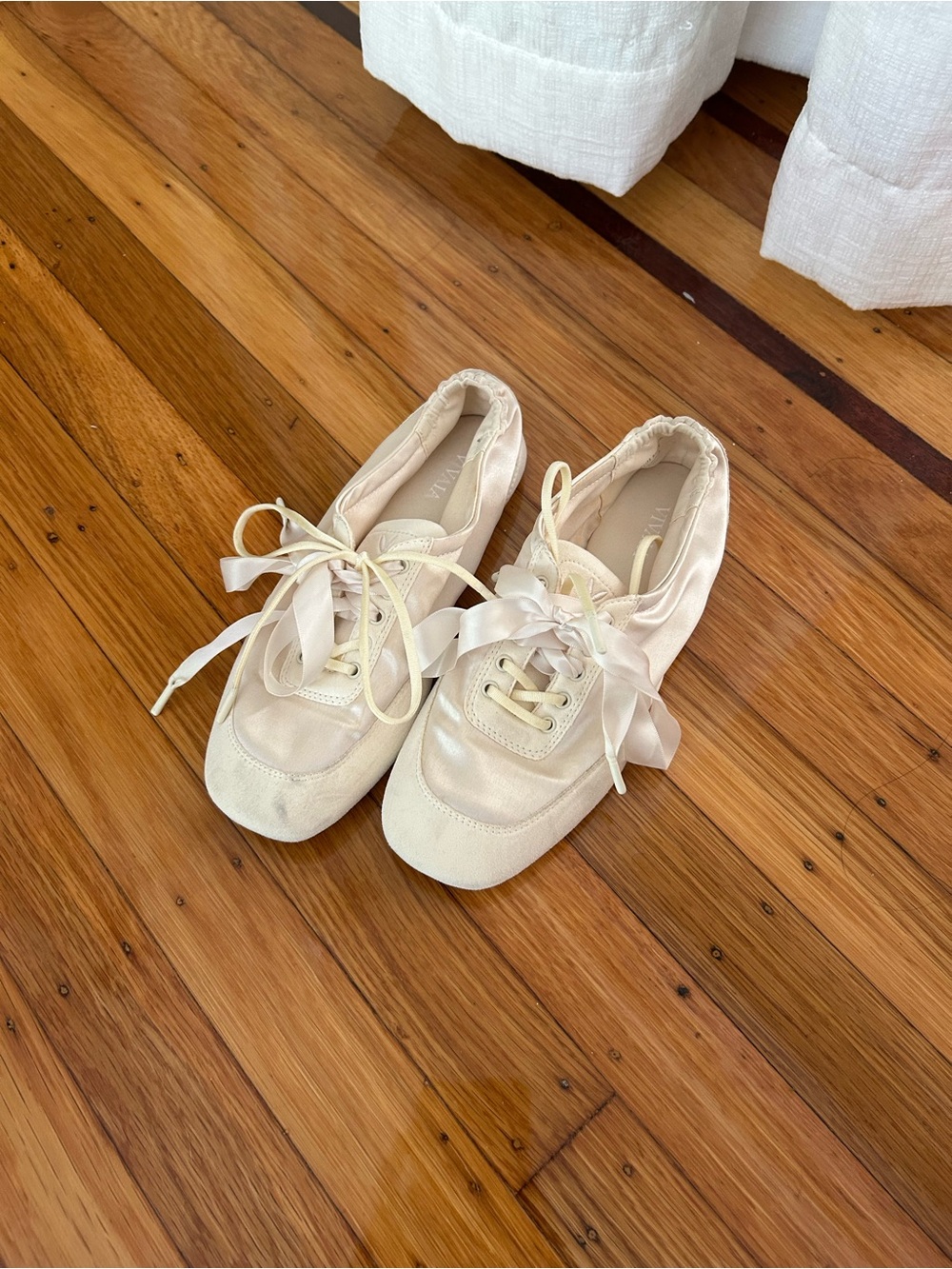 Women's Satin Ribbon Lace-Up Sneakers in Cream